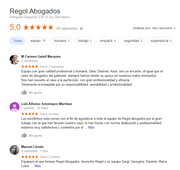 Regol Abogados testimonios de clientes Testimonios de Regol Abogados en Barcelona