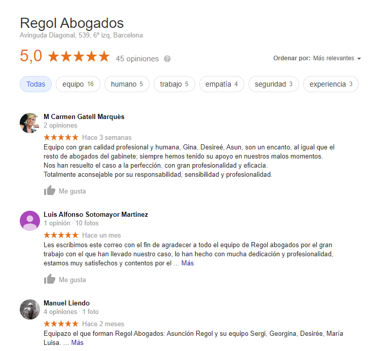 Testimonios de Regol Abogados en Barcelona